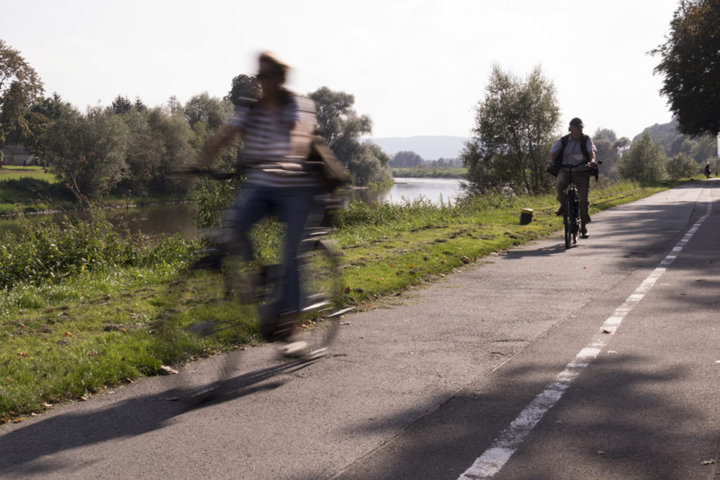 Radfahrer auf dem Weserradweg in Höxter